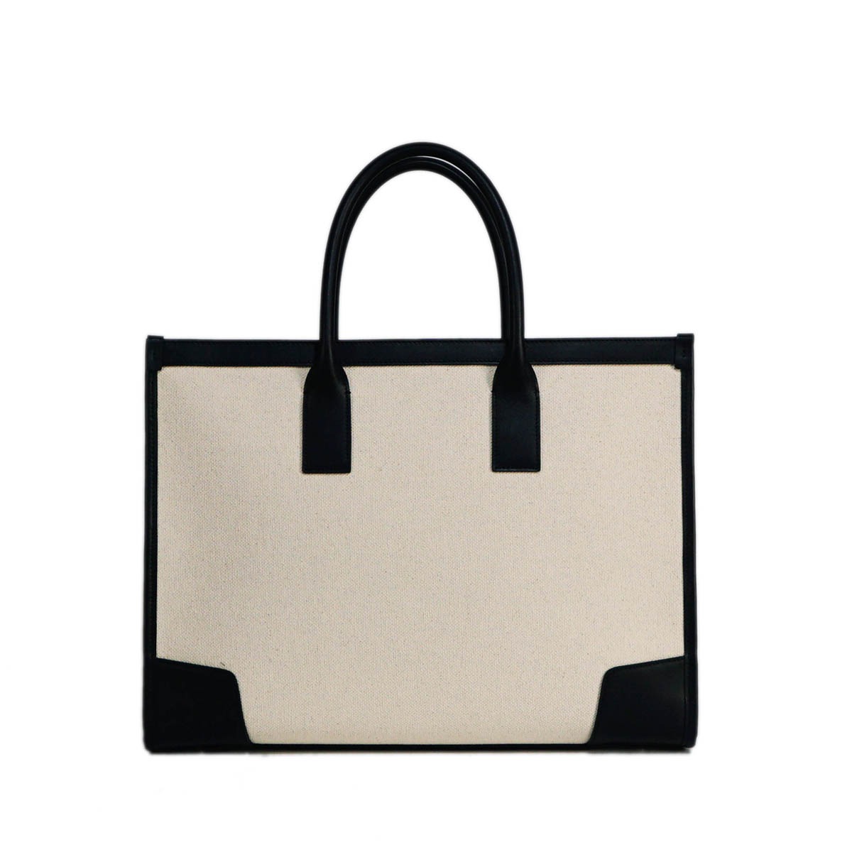 A054 Cream Canvas Black Leather Tote Bag